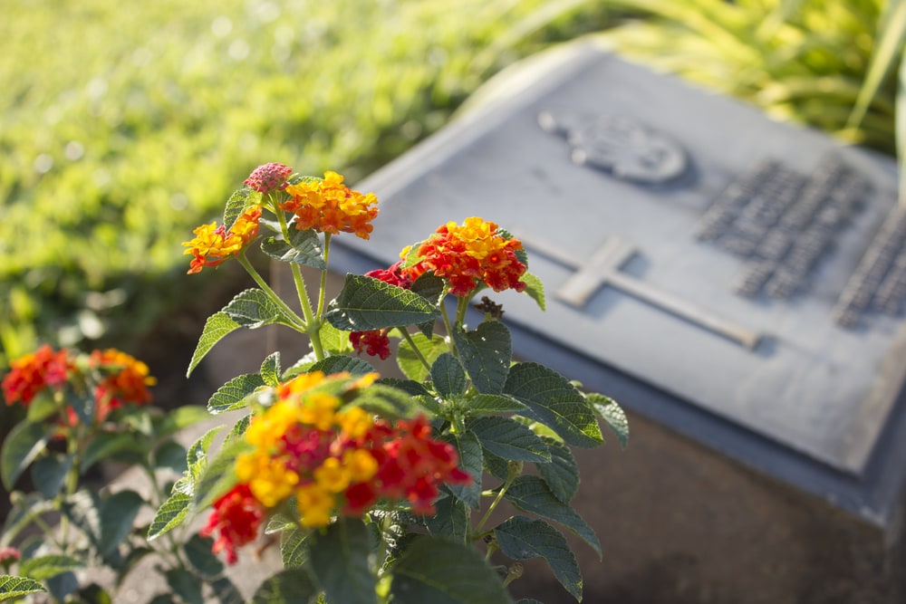 cemetery flowers by a slant marker engraved with a cross