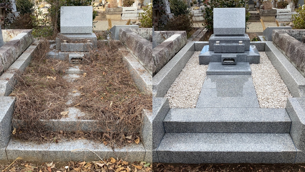 Before and after. Restoration and cleaning of cemetery tombstone, beautiful polished gray granite