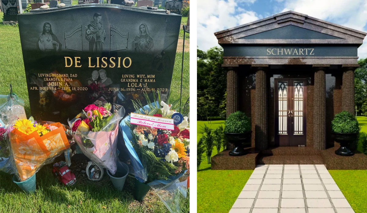 Headstone marking an in ground burial and private mausoleum side by side